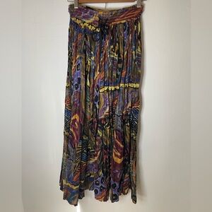 Vintage Boho Express 100%Cotton Crinkle Maxi Skirt in Water Color Print